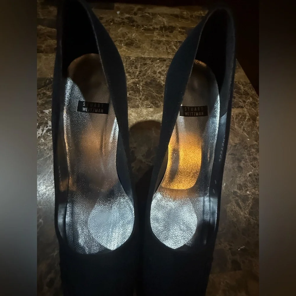 Stuart Weitzman. Canvas Crystal Embellishments Pumps. Black Satin. Size 7.